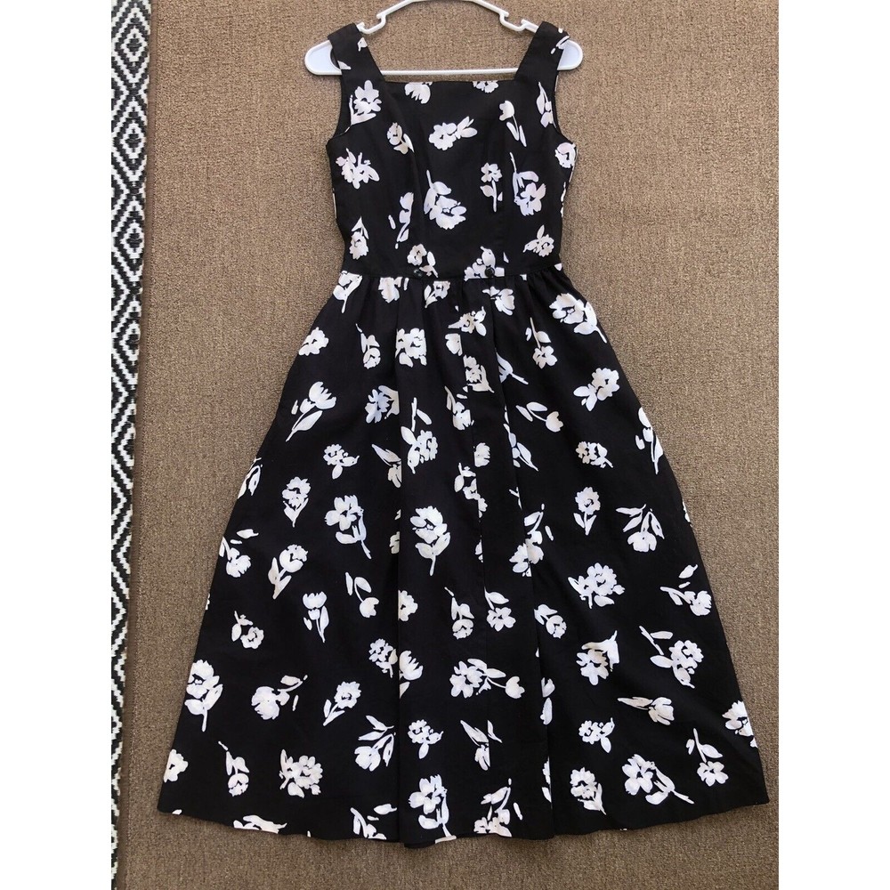 VTG Lang originals USA pinup dress 6/8 black white floral cotton fit and flare